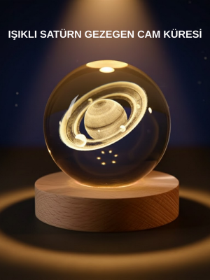 Satürn Desenli Kristal Küre LED Gece Lambası Ahşap Standlı
