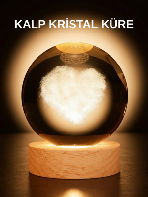 Romantik Kalpli Kristal Cam Küre USB’li Işıklı Dekoratif Obje