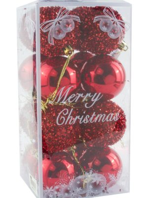 16 Adet Kırmızı Renkli Cici Top Yılbaşı Ağaç Süsü-Kırmızı