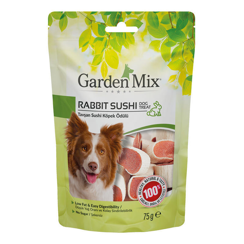 65ff1e0d30f4495b8f40c37620f48047.jpg GARDEN MIX TAVŞAN SUSHI KÖPEK ÖDÜLÜ 75 GR X 4 ADET - Görsel 1