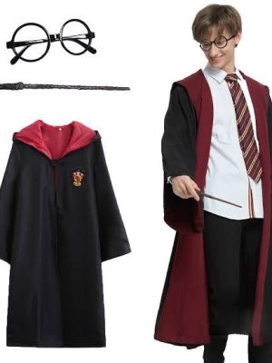Harry Potter Gryffindor Kapişonlu Çocuk Kostüm + Asa + Gözlük Seti 11-12 Yaş