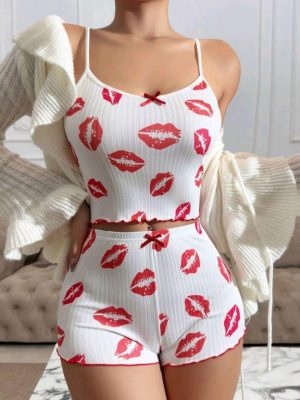 Kadın Beyaz Dudak Desenli Seksi Gecelik Takım 5021