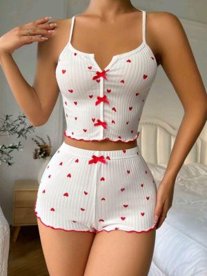 Kadın Beyaz Fiyonk Desenli Seksi Gecelik Takım 5007