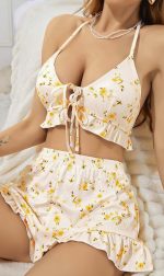 Kadın Çiçekli Ekru Askılı Şortlu Pijama Takım 5017 - Görsel 2