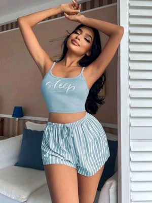 Kadın Mavi Çizgili Desenli Askılı Şortlu Pijama Takım 5001