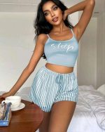 Kadın Mavi Çizgili Desenli Askılı Şortlu Pijama Takım 5001 - Görsel 2