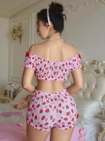 Kadın Pembe Çilek Desenli Fantezi Şort takım 2156 - Görsel 3