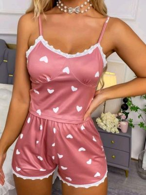 Kadın Pudra Kalp Desenli Seksi Gecelik Takım 5019
