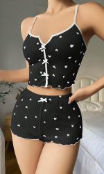Kadın Siyah Kalp Desenli Askılı Şortlu Pijama Takım 5008