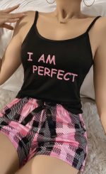 Kadın Siyah Kare Desenli Askılı Şortlu Pijama Takım 5012 - Görsel 2