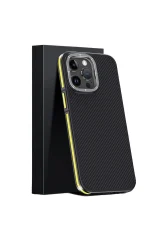 Joko iPhone 15 Pro Kılıf Aramid 600D Kevlar Karbon Fiber Magsafe Kapak - Sarı - Görsel 2