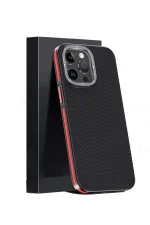 Joko iPhone 15 Pro Max Kılıf Aramid 600D Kevlar Karbon Fiber Magsafe Kapak - Kırmızı - Görsel 2