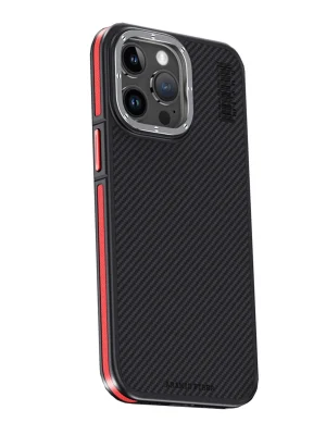 Joko iPhone 15 Pro Max Kılıf Aramid 600D Kevlar Karbon Fiber Magsafe Kapak - Kırmızı
