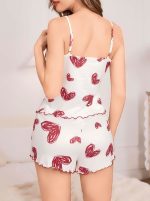 Kadın Beyaz Kalp desenli Şortlu Gecelik Pijama Takımı 5052 - Görsel 2