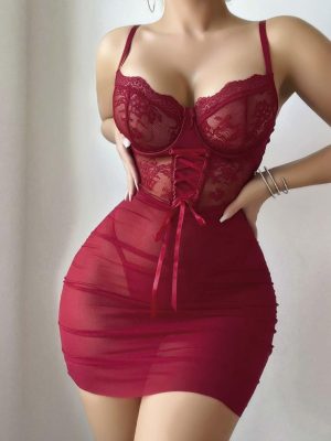 Kadın Kırmızı Fantezi Gecelik Tül Dantel Fiyonk Detaylı Askılı 2209