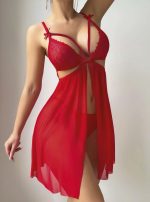 Kadın Kırmızı Fantezi Gecelik Tül Göğüs Dekolteli Önü açık 2194 - Görsel 2