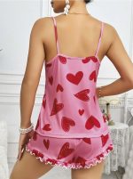 Kadın Pembe Kalp Baskılı Şortlu Gecelik Pijama Takımı 5050 - Görsel 2