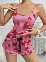Kadın Pembe Kalp Baskılı Şortlu Gecelik Pijama Takımı 5050 - Görsel 3