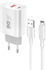 Konfulon C89Q 1 Adet 30W Type-C ve 1 Adet 22.5W USB Çıkışlı Ekstra DL48 1M USB to Lightning Kablolu PD Şarj Cihazı - Beyaz