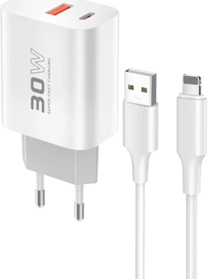 Konfulon C89Q 1 Adet 30W Type-C ve 1 Adet 22.5W USB Çıkışlı Ekstra DL48 1M USB to Lightning Kablolu PD Şarj Cihazı - Beyaz