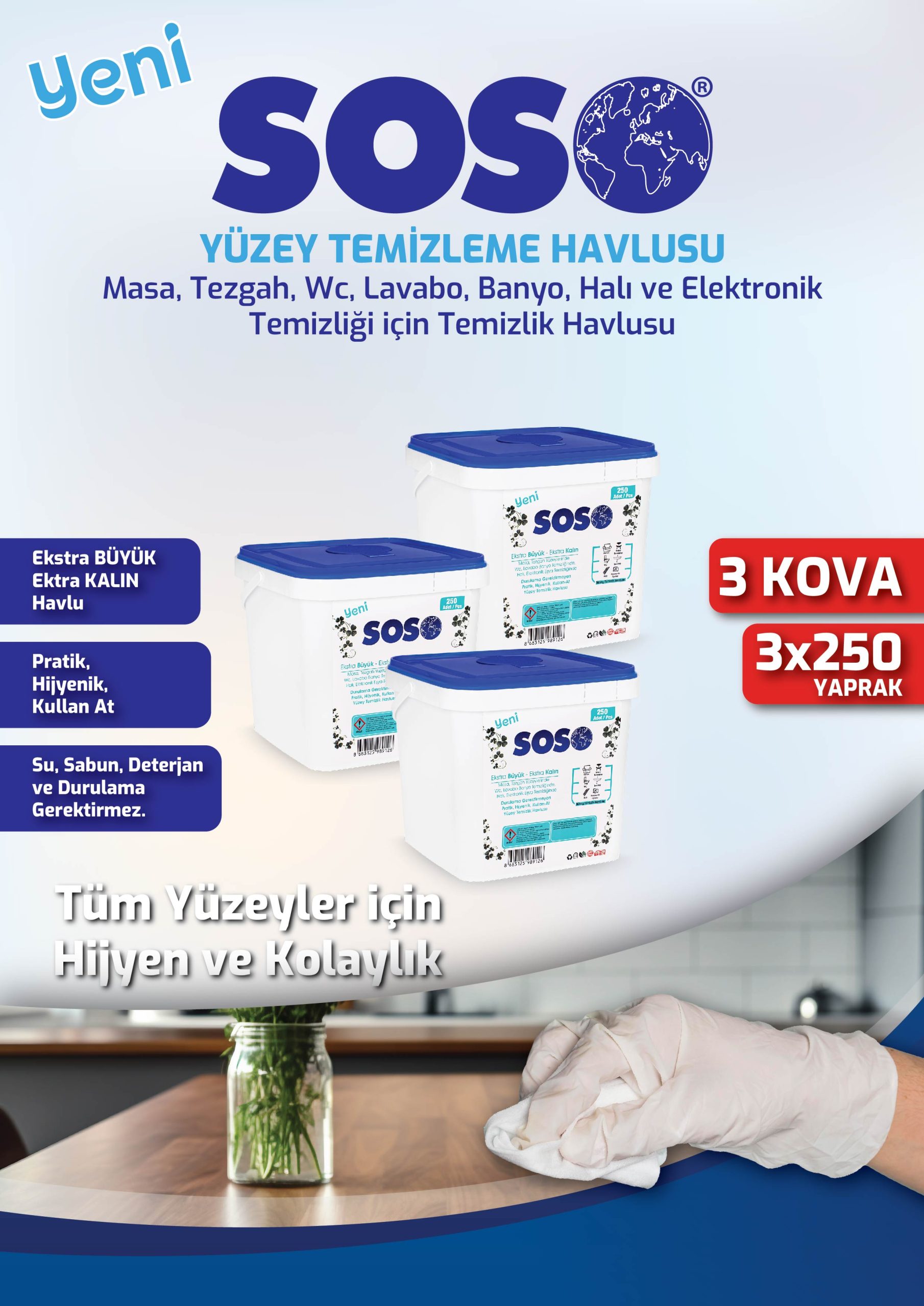 kovas12-1.jpg 3 adet X 250 Yaprak - Soso Kova Beyaz Sabun Kokulu Sirkeli Karbonatlı Yüzey Temizleme Mendili - Görsel 1