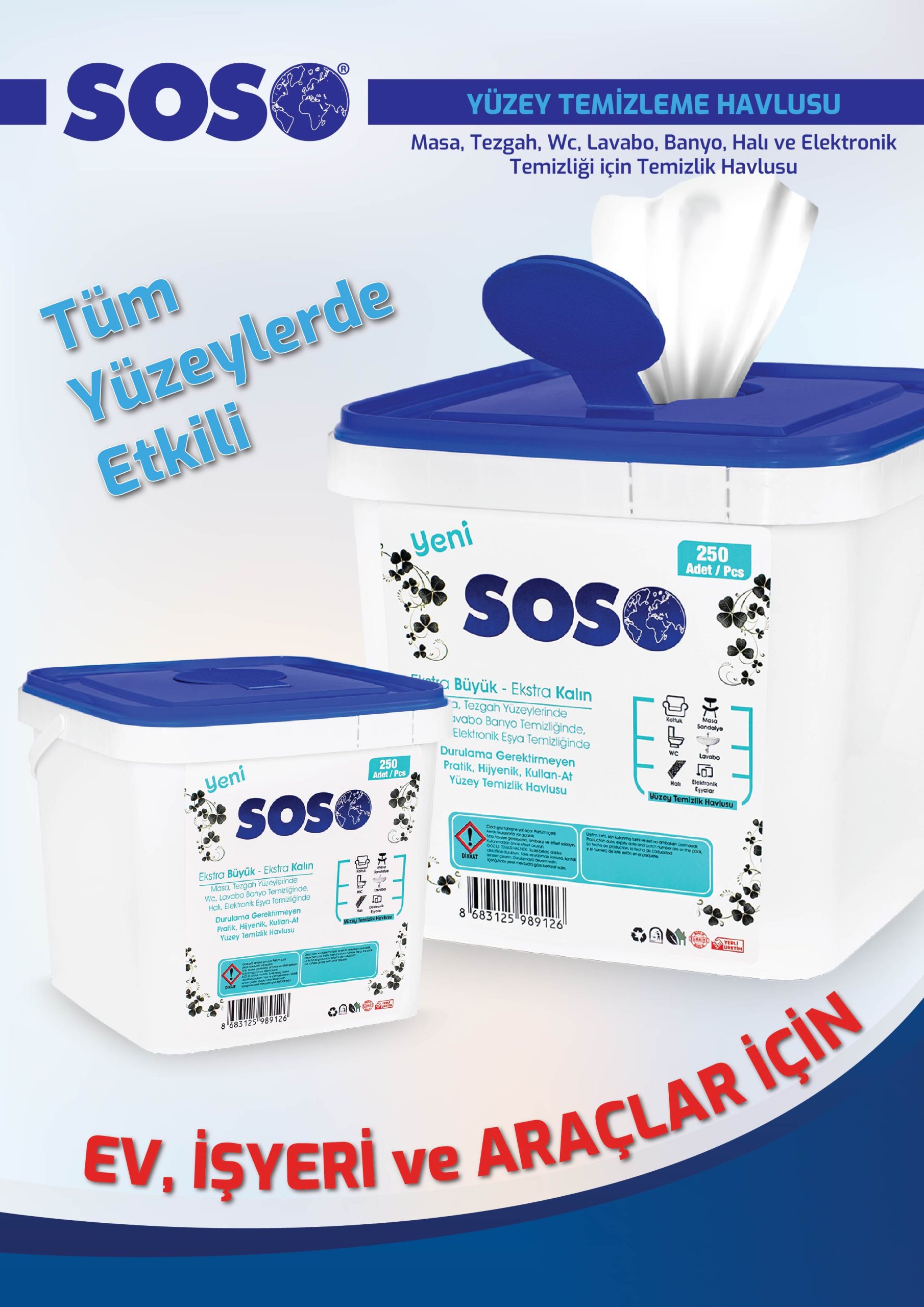 kovas12-2.jpg 3 adet X 250 Yaprak - Soso Kova Beyaz Sabun Kokulu Sirkeli Karbonatlı Yüzey Temizleme Mendili - Görsel 2