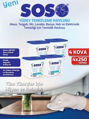 4 adet X 250 Yaprak - Soso Kova Beyaz Sabun Kokulu Sirkeli Karbonatlı Yüzey Temizleme Mendili