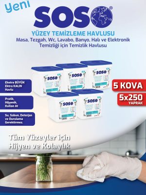 5 adet X 250 Yaprak - Soso Kova Beyaz Sabun Kokulu Sirkeli Karbonatlı Yüzey Temizleme Mendili