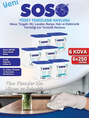 6 adet X 250 Yaprak - Soso Kova Beyaz Sabun Kokulu Sirkeli Karbonatlı Yüzey Temizleme Mendili