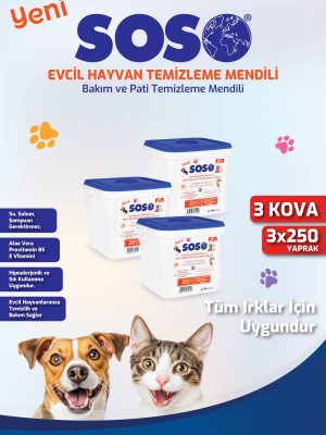 3 adet X 250 Yaprak - Soso Kova Evcil Hayvan Kedi Köpek Pati ve Vücut Temizleme Mendili