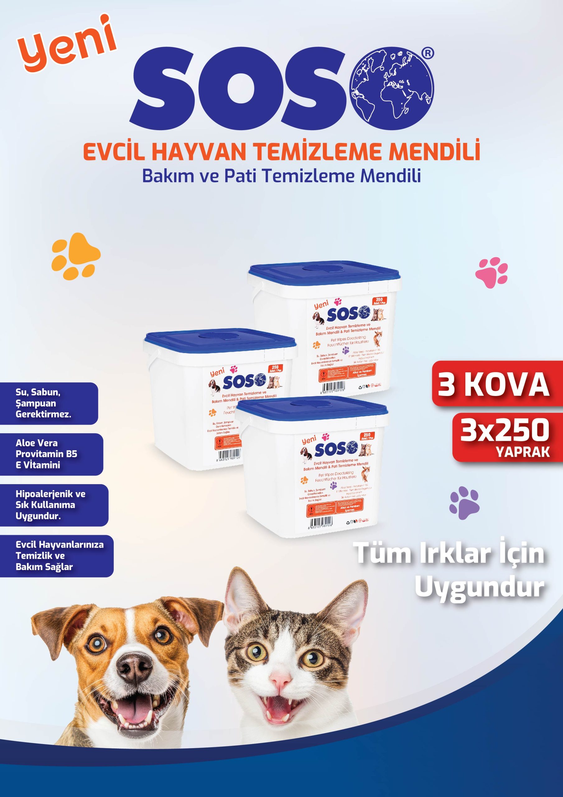 kovas22-1.jpg 3 adet X 250 Yaprak - Soso Kova Evcil Hayvan Kedi Köpek Pati ve Vücut Temizleme Mendili - Görsel 1