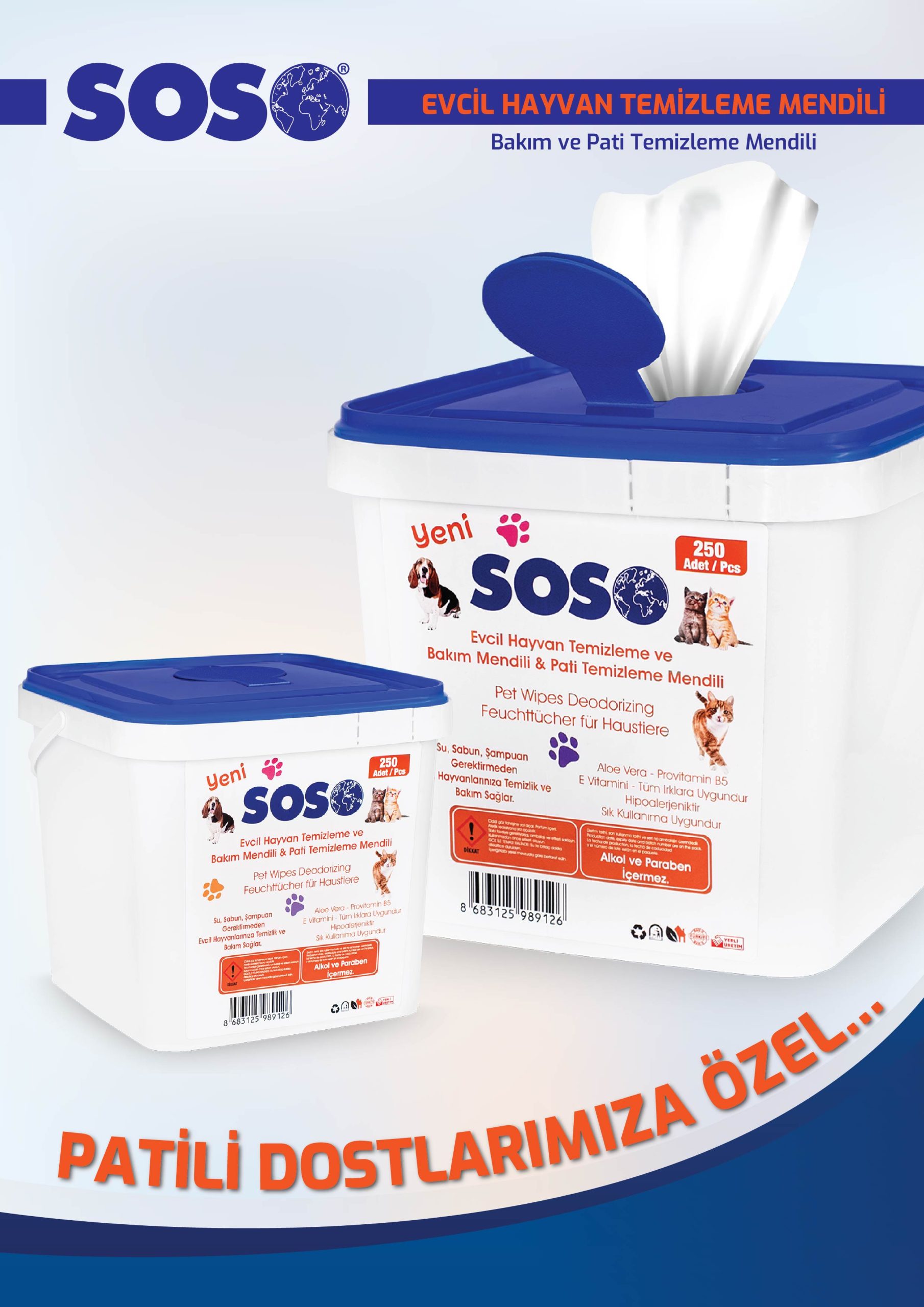 kovas22-2.jpg 3 adet X 250 Yaprak - Soso Kova Evcil Hayvan Kedi Köpek Pati ve Vücut Temizleme Mendili - Görsel 2