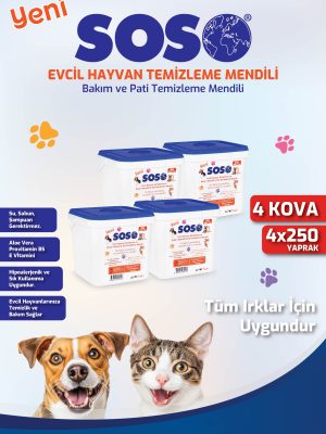 4 adet X 250 Yaprak - Soso Kova Evcil Hayvan Kedi Köpek Pati ve Vücut Temizleme Mendili