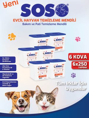 6 adet X 250 Yaprak - Soso Kova Evcil Hayvan Kedi Köpek Pati ve Vücut Temizleme Mendili