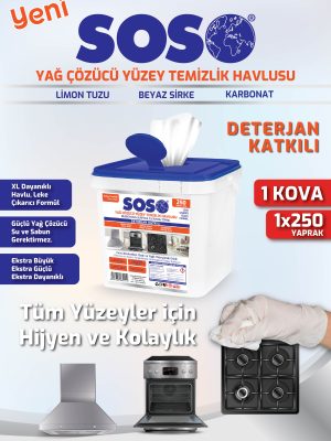 1 adet X 250 Yaprak - Soso Özel Formüllü Kova Yağ Çözücü Yüzey Temizleme Mendili