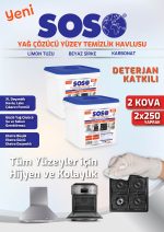2 adet X 250 Yaprak - Soso Özel Formüllü Kova Yağ Çözücü Yüzey Temizleme Mendili