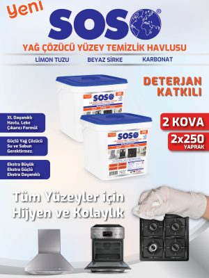 2 adet X 250 Yaprak - Soso Özel Formüllü Kova Yağ Çözücü Yüzey Temizleme Mendili