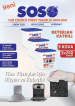 3 adet X 250 Yaprak - Soso Özel Formüllü Kova Yağ Çözücü Yüzey Temizleme Mendili