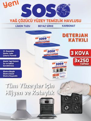 3 adet X 250 Yaprak - Soso Özel Formüllü Kova Yağ Çözücü Yüzey Temizleme Mendili