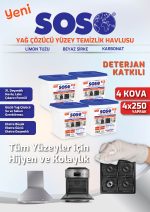 4 adet X 250 Yaprak - Soso Özel Formüllü Kova Yağ Çözücü Yüzey Temizleme Mendili