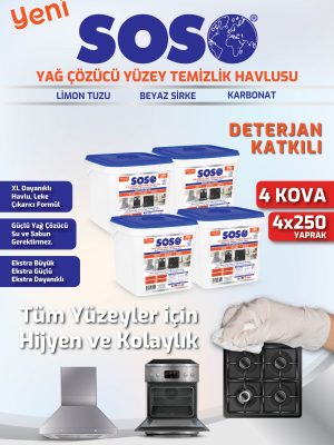 4 adet X 250 Yaprak - Soso Özel Formüllü Kova Yağ Çözücü Yüzey Temizleme Mendili