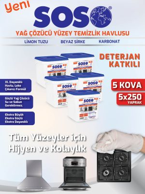 5 adet X 250 Yaprak - Soso Özel Formüllü Kova Yağ Çözücü Yüzey Temizleme Mendili