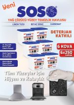 6 adet X 250 Yaprak - Soso Özel Formüllü Kova Yağ Çözücü Yüzey Temizleme Mendili