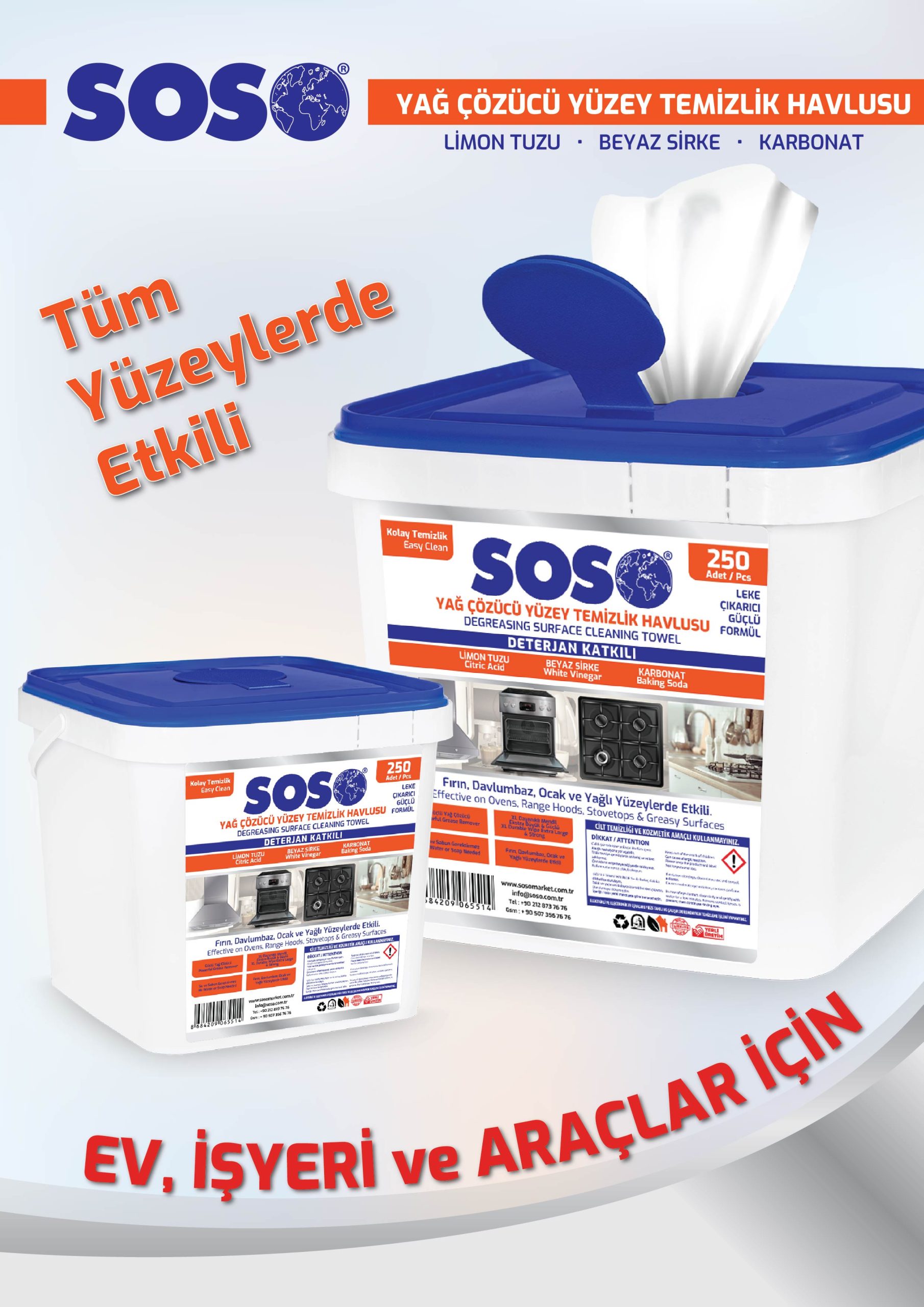 kovas35-2.jpg 6 adet X 250 Yaprak - Soso Özel Formüllü Kova Yağ Çözücü Yüzey Temizleme Mendili - Görsel 2