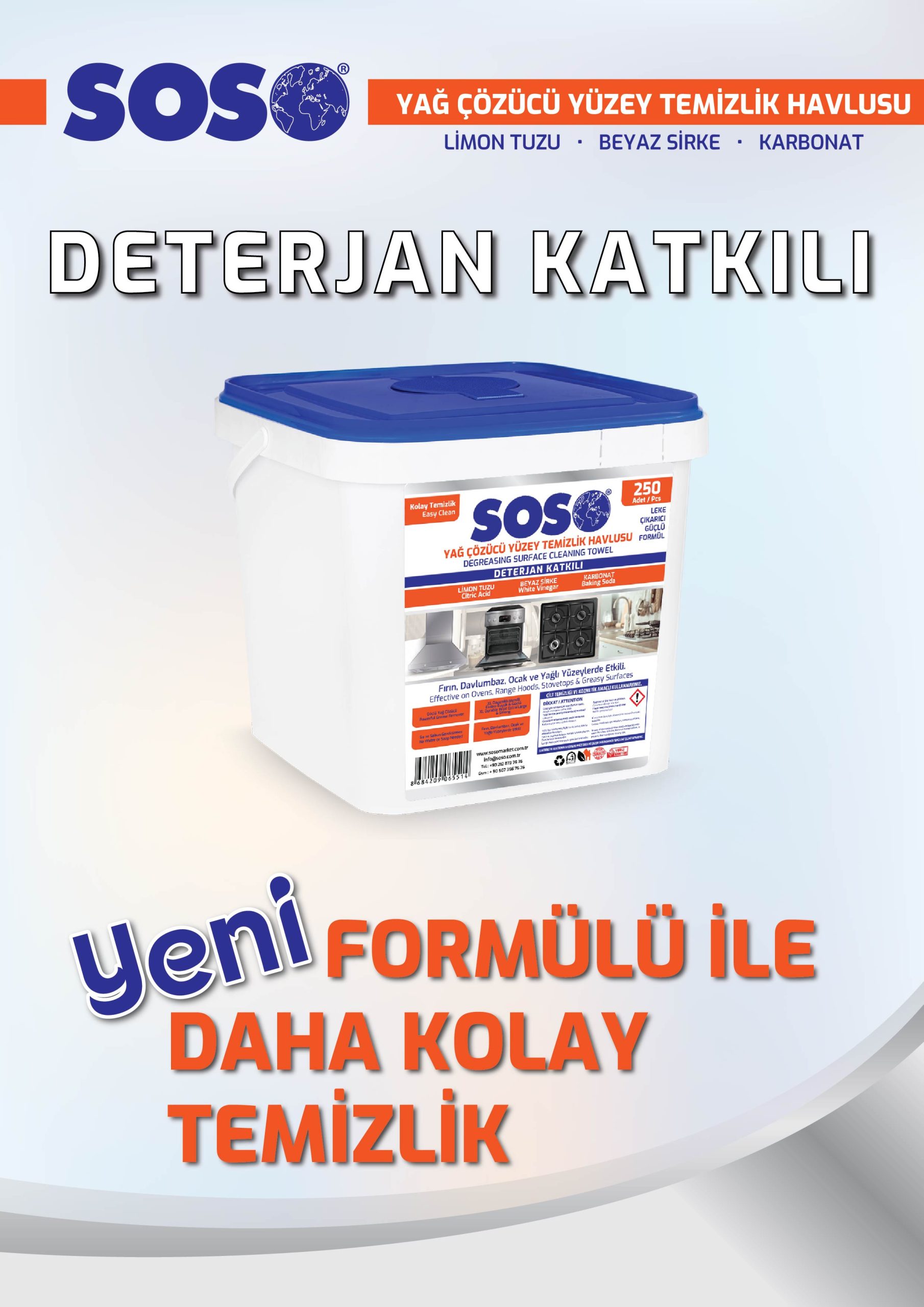 kovas35-3.jpg 6 adet X 250 Yaprak - Soso Özel Formüllü Kova Yağ Çözücü Yüzey Temizleme Mendili - Görsel 3