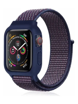 Newface Apple Watch 38mm Hasırlı Cırtcırtlı Kasalı Kordon - Lacivert-Mürdüm