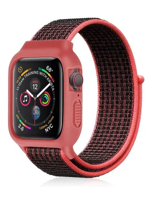 Newface Apple Watch 38mm Hasırlı Cırtcırtlı Kasalı Kordon - Siyah-Pembe