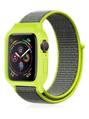 Newface Apple Watch 38mm Hasırlı Cırtcırtlı Kasalı Kordon - Yeşil