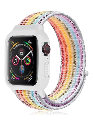 Newface Apple Watch 42mm Hasırlı Cırtcırtlı Kasalı Kordon - Gökkuşağı 1