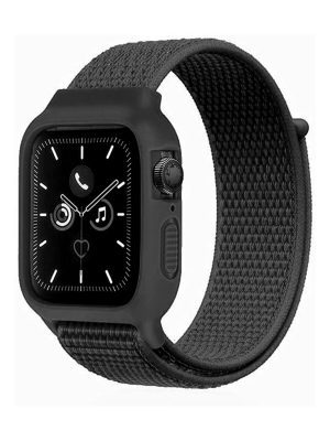 Newface Apple Watch 42mm Hasırlı Cırtcırtlı Kasalı Kordon - Siyah
